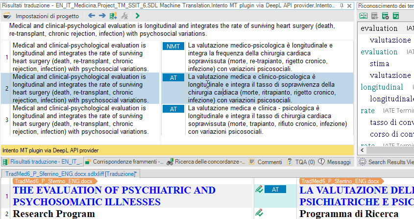 Screenshot of Trados Studio interface showing a segment of text in English and its Italian translation with NMT and AT tags indicating machine translation and automated translation.