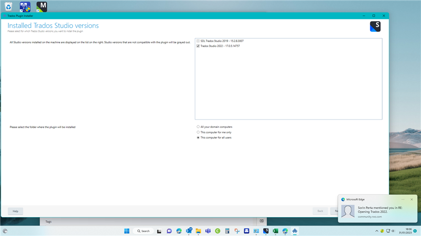 Trados Plugin Installer window showing Installed Trados Studio versions with options for plugin installation location. A Skype notification is visible in the background.