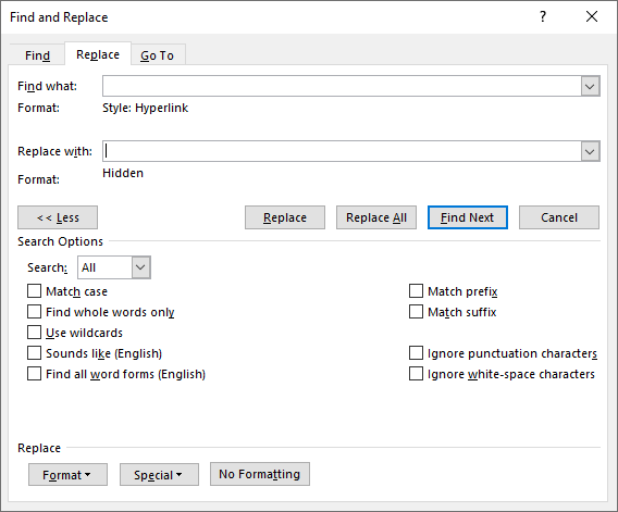 Word's Find and Replace dialog box set to replace Hyperlink style with Hidden format to exclude from Trados analysis.