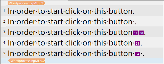 Screenshot showing five segments with the text 'In order to start click on this button.' and highlighted numbers 33, 38, 51, and 64 in purple.