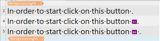 Screenshot showing three segments with the text 'In order to start click on this button.' and highlighted numbers 51 and 64 in purple.