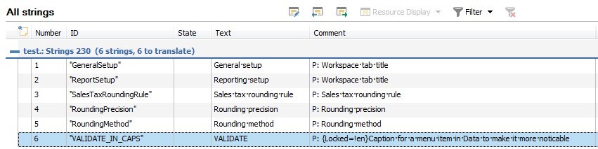 Trados Studio All strings window displaying a list of strings with columns for Number, ID, State, Text, and Comment, highlighting a comment containing 'Locked' string.