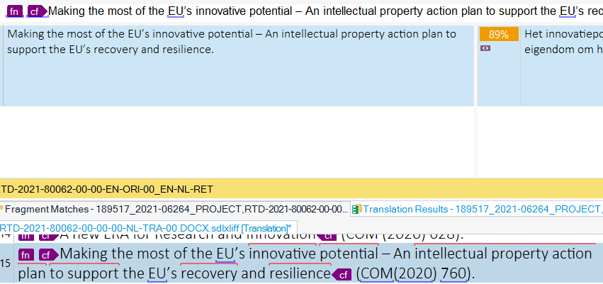 Screenshot of Trados Studio showing a translation segment with missing 'COM(2020) 760' part in the Translation Memory. No warning is displayed.
