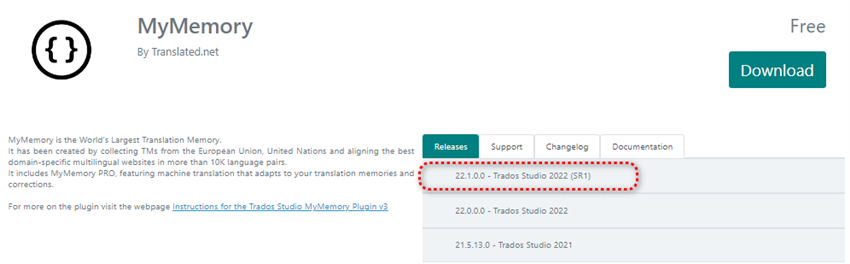 MyMemory plugin page showing version 22.1.0.0 compatible with Trados Studio 2022 (SR1) highlighted, indicating it's not tested for SR2.