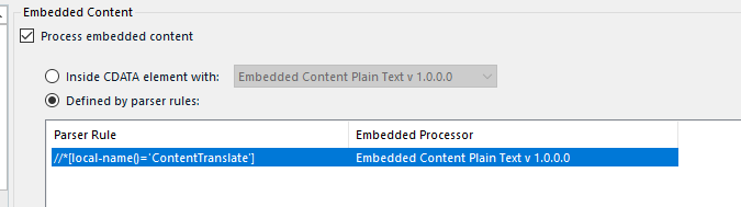 Trados Studio Embedded Content settings with parser rule for ContentTranslate element using Embedded Content Plain Text.