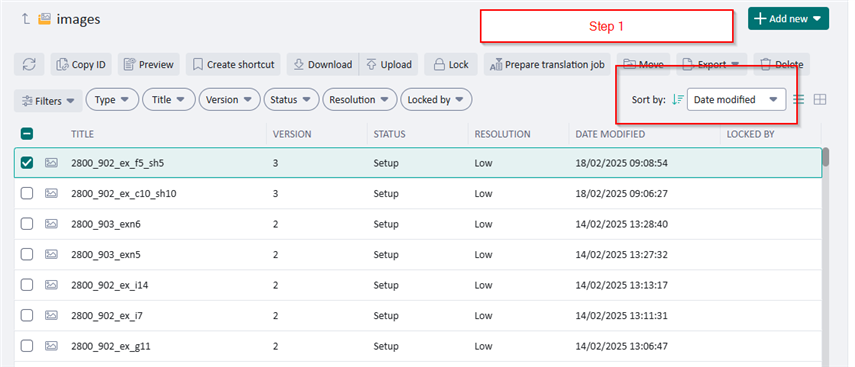 Screenshot of a digital asset management interface with a folder named 'images' selected, showing a list of image files sorted by 'Date Modified'. A red box highlights the 'Sort by' dropdown menu.