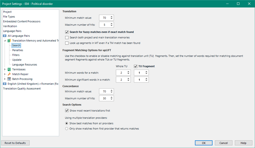 Trados Studio Project Settings window showing Translation Memory and Automated Translation settings with a minimum match value of 70 and concordance minimum value of 70.
