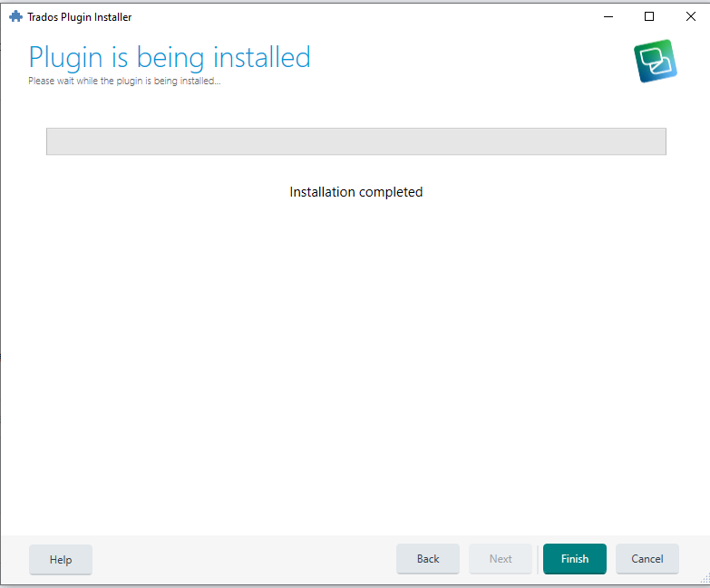 Screenshot of Trados Plugin Installer with a message 'Plugin is being installed' and a progress bar, followed by 'Installation completed'.