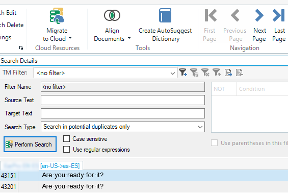Trados Studio 2022 interface showing 'Search in potential duplicates only' option selected with one result displayed and navigation buttons 'First Page', 'Previous Page', 'Next Page', 'Last Page' at the top.