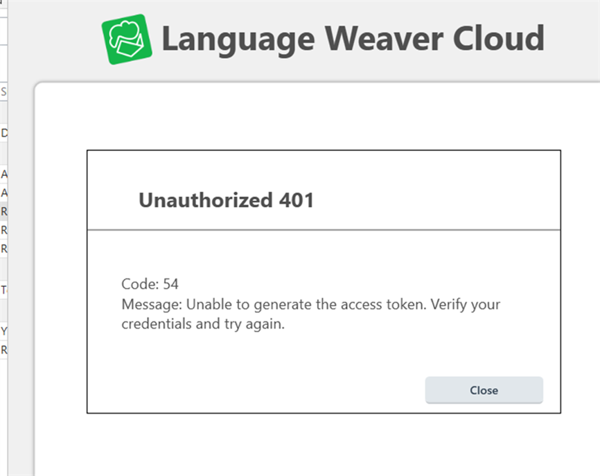 Error message from Language Weaver Cloud stating 'Unauthorized 401' with a code 54 indicating an inability to generate the access token.