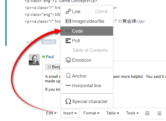 Screenshot of a forum post by Benjamin with a red arrow pointing to the 'Code' option in the text editor menu.