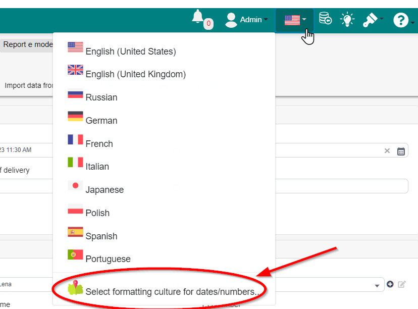 Trados Business Manager Essential interface showing a dropdown menu for selecting formatting culture for dates and numbers with a red arrow pointing to 'Portuguese' option.