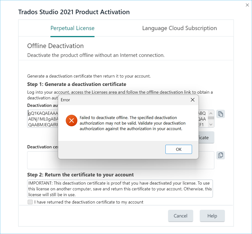 Error message during offline deactivation process in Trados Studio 2021 stating 'Failed to deactivate offline. The specified deactivation authorization may not be valid.'