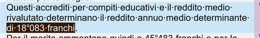 Screenshot of Trados Studio showing a segment with highlighted text 'di 18 083 franchi' in the target language section.