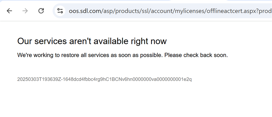 Error message on a web page saying 'Our services aren't available right now' with a note 'We're working to restore all services as soon as possible. Please check back soon.' followed by a long alphanumeric string.