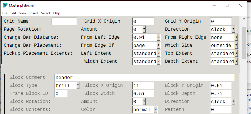 Screenshot of Trados Studio Master page layout settings with fields for Grid Name, Page Rotation, Change Bar Distance, and Block Comment among others. No visible errors or warnings.