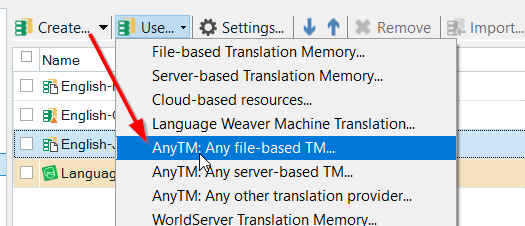 Trados Studio screenshot showing the 'Use' dropdown menu with an option selected for 'AnyTM: Any file-based TM.'