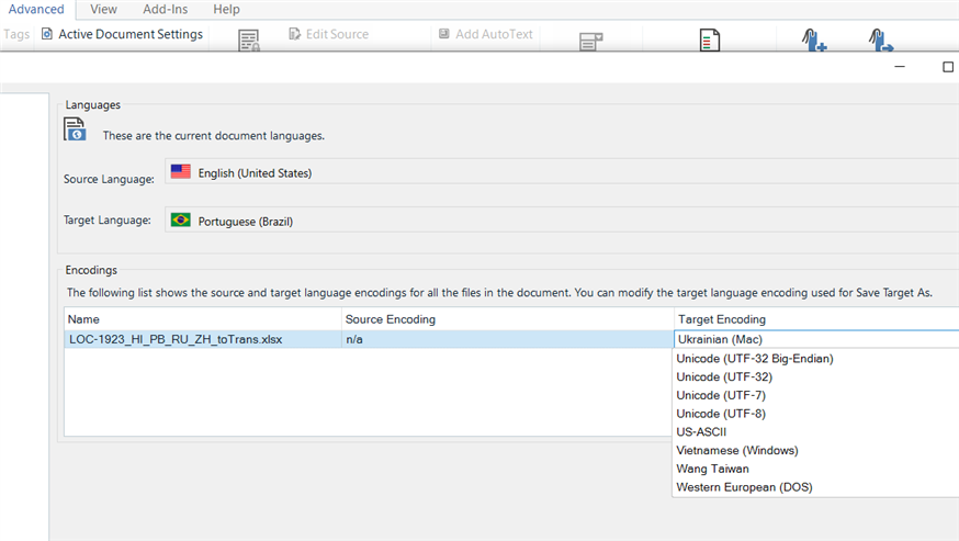 Trados Studio screenshot showing Active Document Settings with Source Language set to English (United States) and Target Language set to Portuguese (Brazil). An encoding error is visible for file LOC-1923_HJ_PB_RU_ZH_toTrans.xlsx with source encoding na and target encoding options listed.