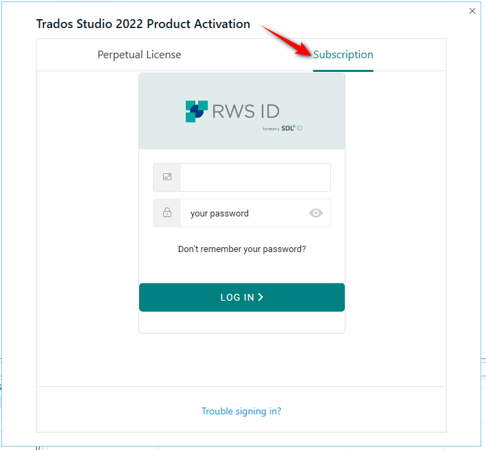Trados Studio 2022 Product Activation window with Subscription tab selected, showing RWS ID login fields for email and password, and a 'LOG IN' button.