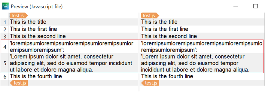 Preview of a Javascript file in Trados Studio highlighting the issue where a long id is incorrectly extracted as translatable text due to a line break.