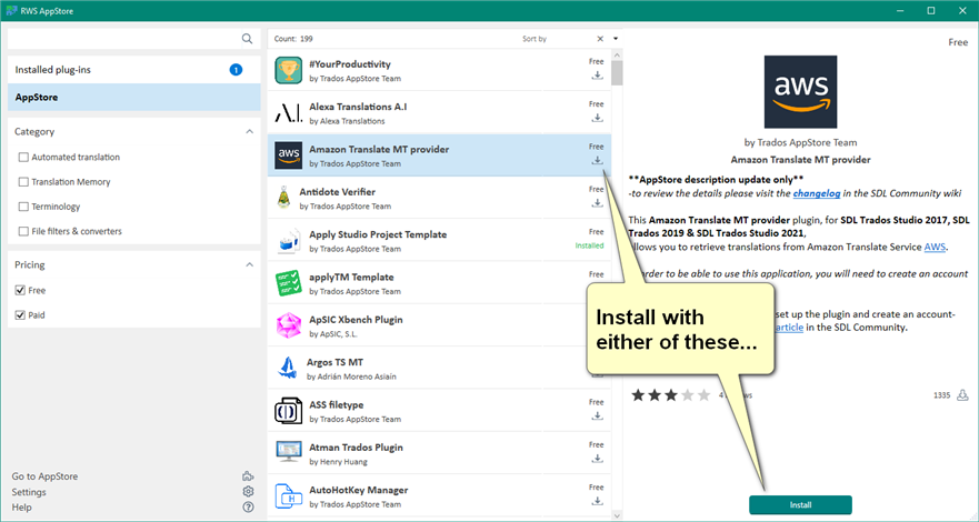 Screenshot of Trados Studio Ideas AppStore showing a list of installed plug-ins with an overlay window detailing the Amazon Translate MT provider plugin, including an 'Install' button.