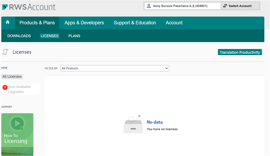 RWS Account Licenses page showing 'No data' error with message 'You have no licenses' under the Translation Productivity section.