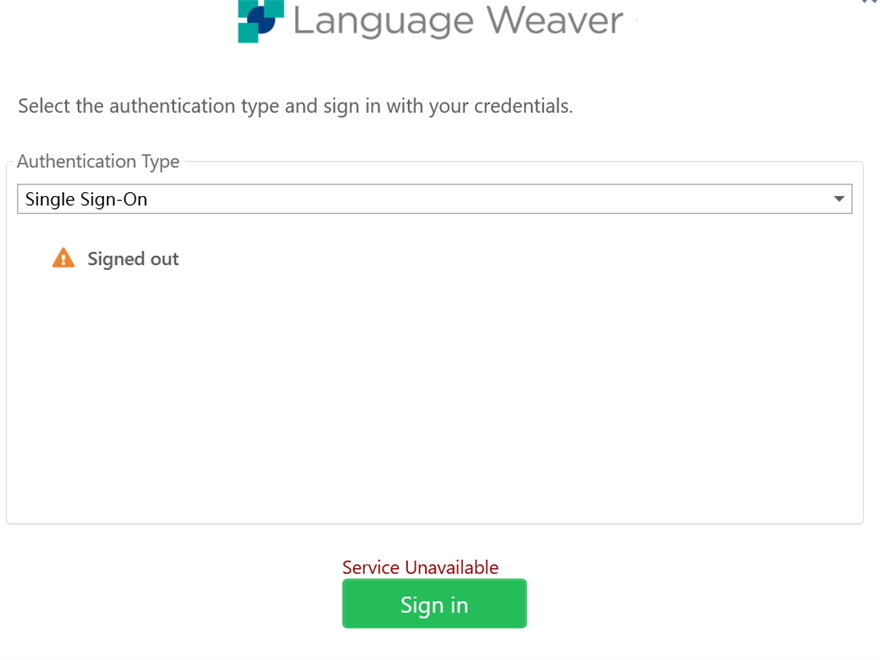 Trados Studio login screen with an error message 'Service Unavailable' and a warning icon indicating 'Signed out'.