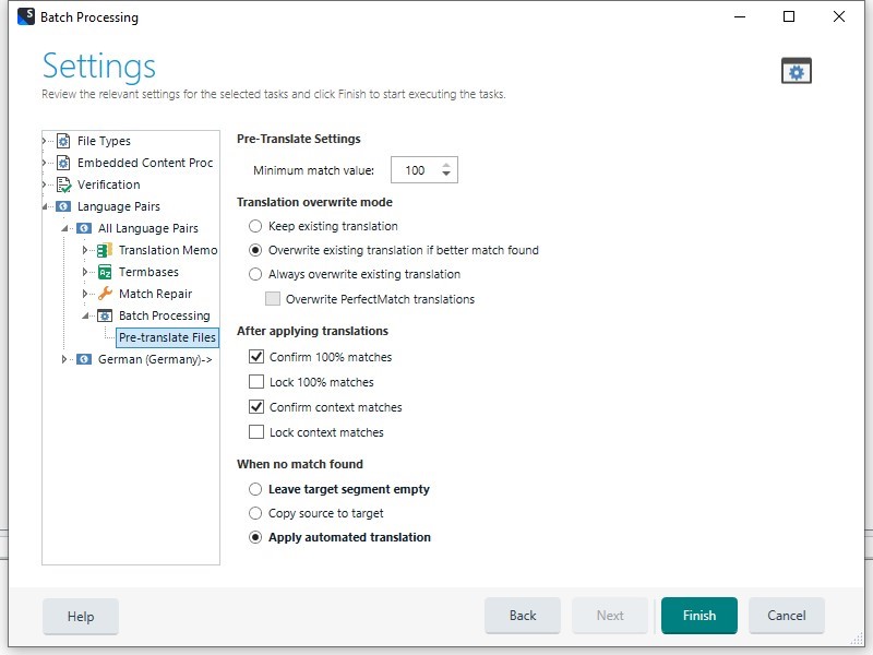 Batch processing settings in Trados Studio with 'always overwrite existing translation' selected.
