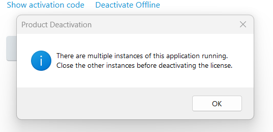 Trados Studio Product Deactivation dialog box showing an information alert: There are multiple instances of this application running. Close the other instances before deactivating the license.