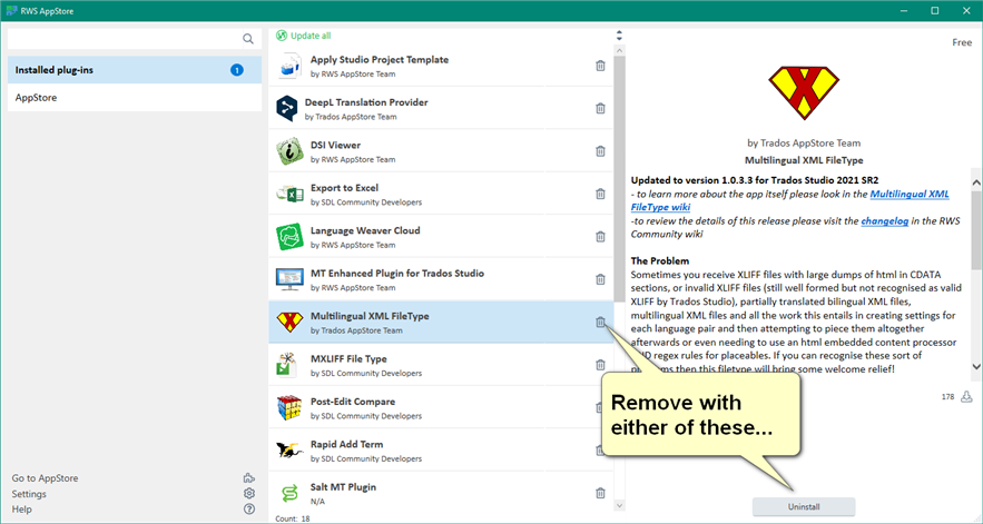Screenshot of Trados Studio Ideas AppStore displaying an error message for the Multilingual XML FileType plugin, with an 'Uninstall' button and a warning icon.