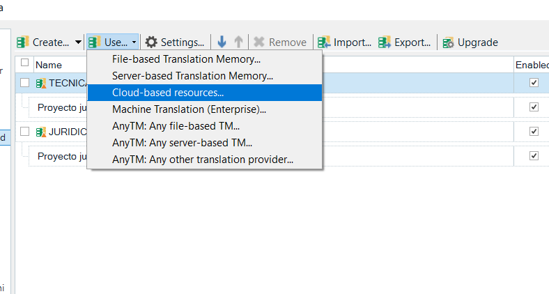 Trados Studio dropdown menu showing options for translation resources with 'Cloud-based resources' highlighted.