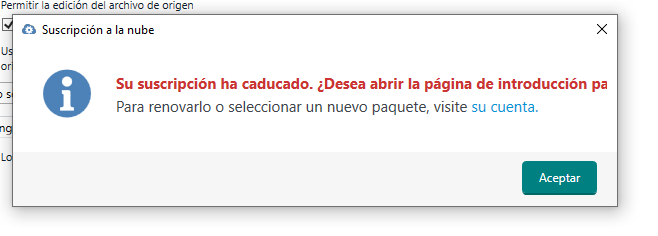 Error message in Trados Studio stating 'Your subscription has expired. Do you want to open the introduction page to renew it or select a new package, visit your account.' with an Accept button.