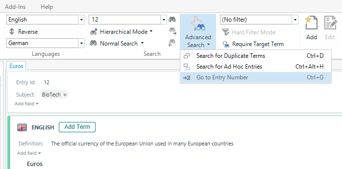 Trados Studio screenshot showing the termbase entry for 'Euros' with Entry ID 12 in English and German, no visible errors or warnings.