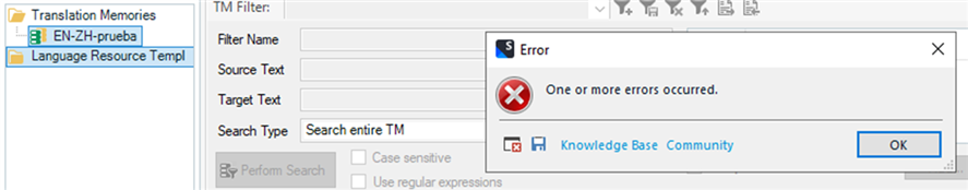 Screenshot of Trados Studio displaying Translation Memories panel with EN-ZH language pair and an error message window stating 'One or more errors occurred.'