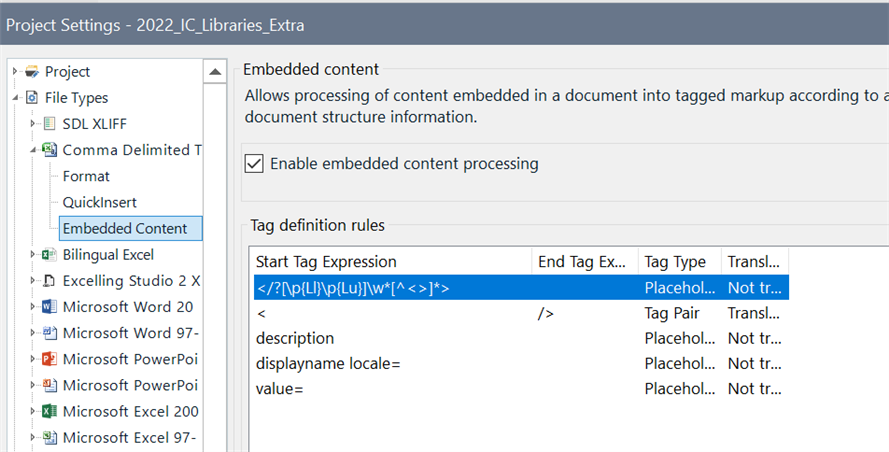 Screenshot of Trados Studio project settings with embedded content processing options and incorrect start tag expression.