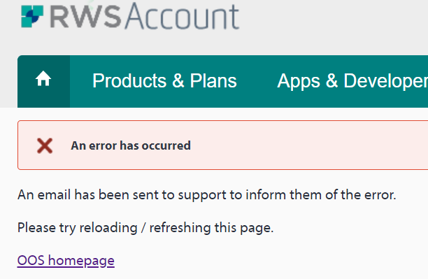 Error message on RWS Account page stating 'An error has occurred' with instructions to reload the page and a link to the OOS homepage.