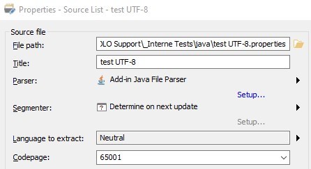 Trados Studio Properties dialog showing Source List for test UTF-8 with file path, title, parser set to Add-in Java File Parser, segmenter to determine on next update, language as Neutral, and Codepage field set to 65001.