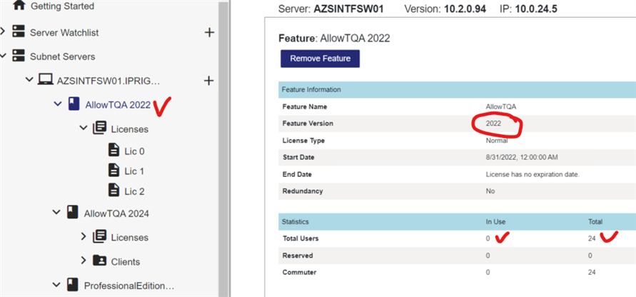 Screenshot of Trados Manager showing AllowTQA 2022 feature selected with 24 total licenses. Feature version highlighted as 2022.