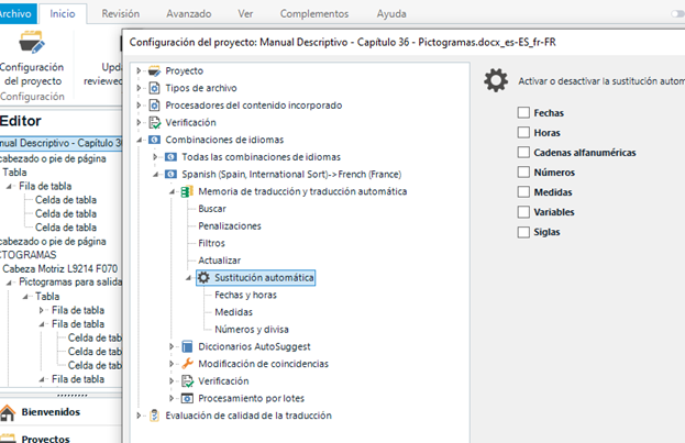 Trados Studio project settings window showing options for automatic substitution including dates, numbers, alphanumeric chains, measurements, variables, and symbols.