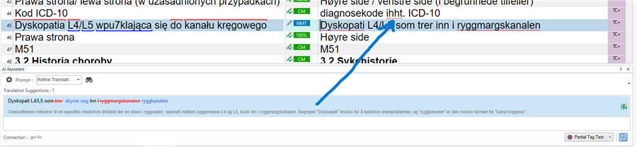 Screenshot of Trados Studio interface showing a segment with a medical term translated from Polish to Norwegian. A blue arrow points to the AI Assistant's suggested translation in the target segment window.