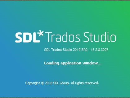Splash screen of SDL Trados Studio 2019 SR2 version 15.2.8.3007 displaying the message 'Loading application window...' with the SDL logo and copyright notice.