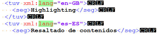 Screenshot of a TMX file opened in an editor showing language codes en-GB for English and es-ES for Spanish.