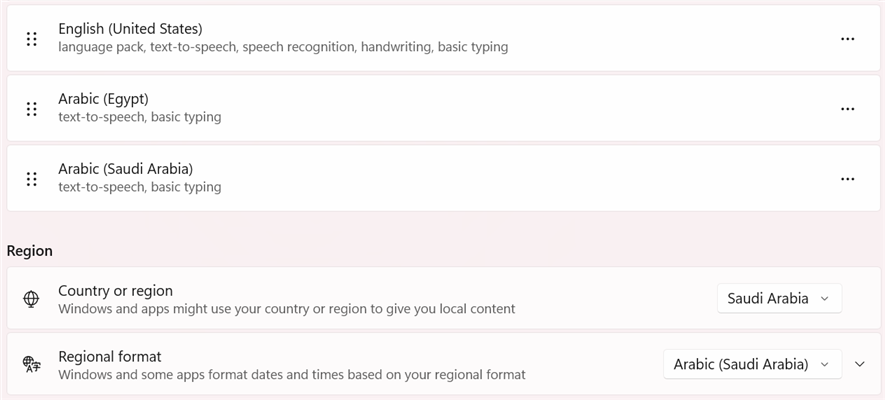 Language settings showing English (United States) and Arabic (Saudi Arabia) as installed languages, with the region set to Saudi Arabia.