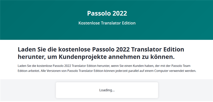 Passolo 2022 website page with a loading bar stuck on 'Loading...' indicating the download process for the free Translator Edition is not progressing.