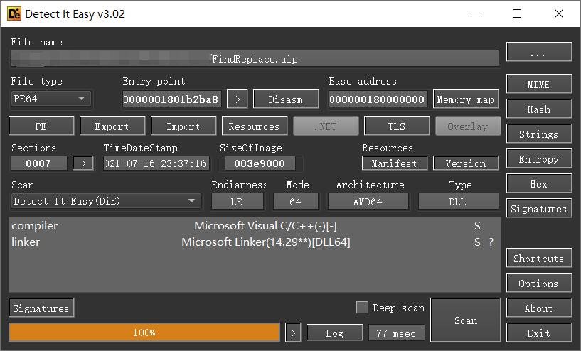 Screenshot of Detect It Easy v3.02 showing file details for 'FindReplace.aip' with a 64bit DLL file type, various sections like Export, Import, and .NET, and a completed scan status at 100%.