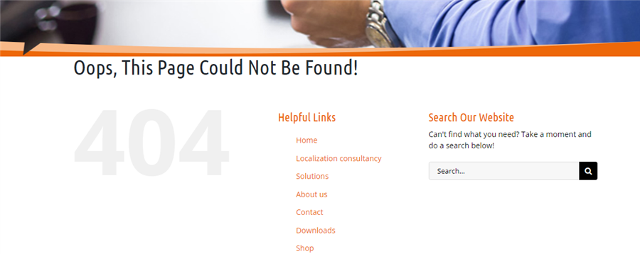 Error page with a 404 not found message, helpful links on the left, and a search bar on the right.