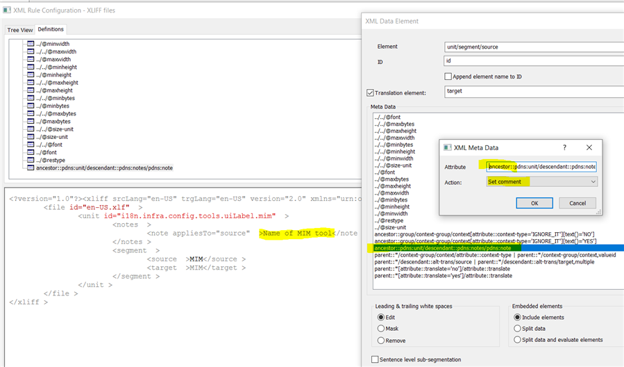 Screenshot of Trados Studio XML Rule Configuration window with XLIFF files tree view on the left and XML Data Element settings on the right. A pop-up window titled 'XML Meta Data' is open, showing 'Set comment' action for an attribute.