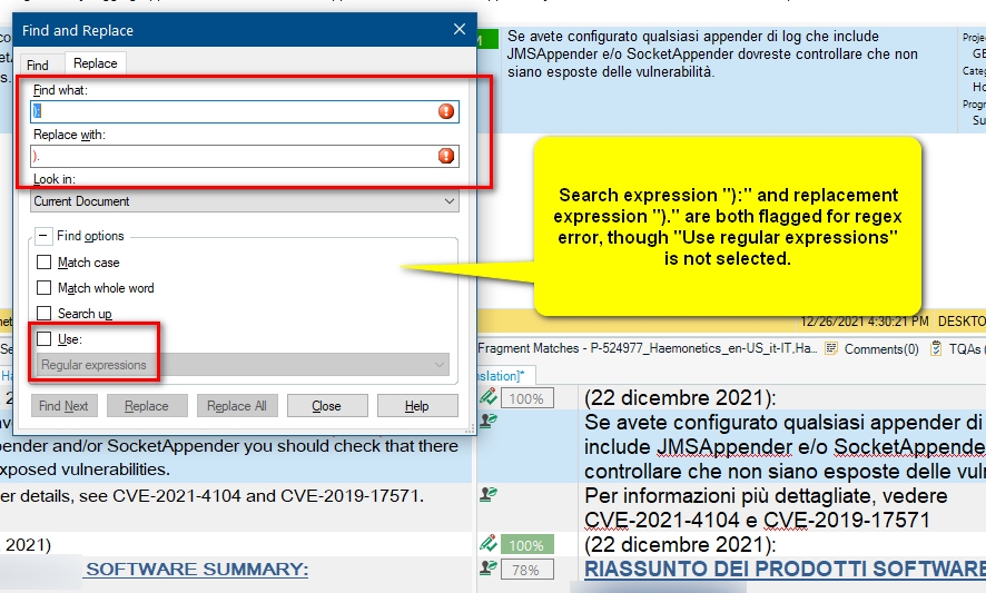 Trados Studio search and replace window showing regex error for search expression '):' and replacement expression ').', despite 'Use regular expressions' being unchecked.
