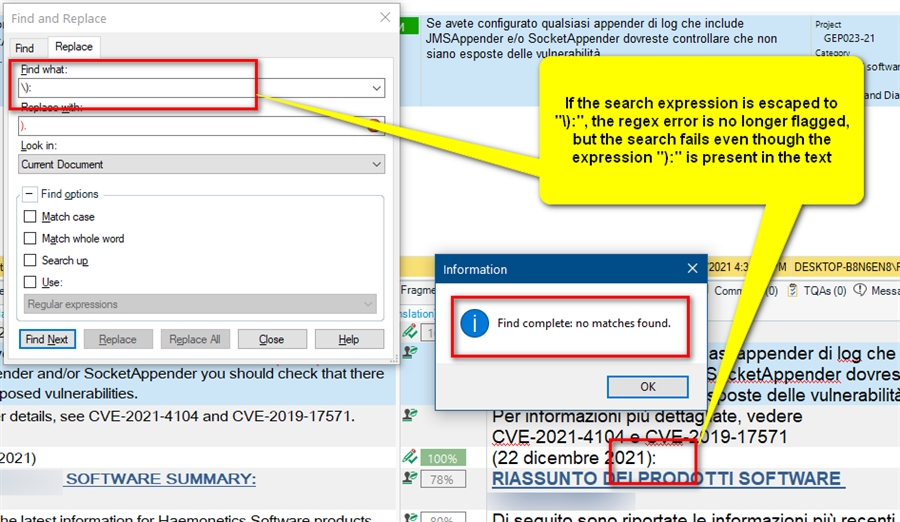 Trados Studio search and replace window with escaped search expression '):' showing no regex error, but 'Find complete: no matches found' message despite presence of '):' in text.