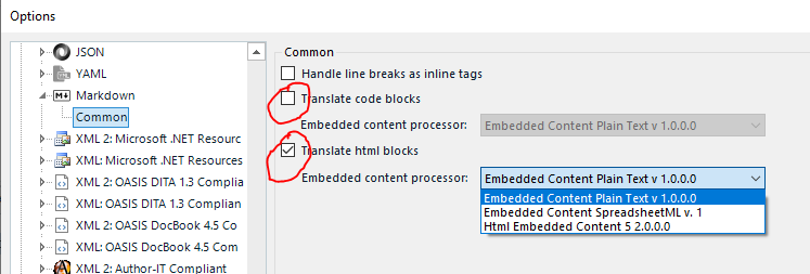 Trados Studio file type settings window showing options for handling line breaks, translating code blocks, and translating HTML blocks with checkboxes. Embedded content processor dropdown menus are visible.